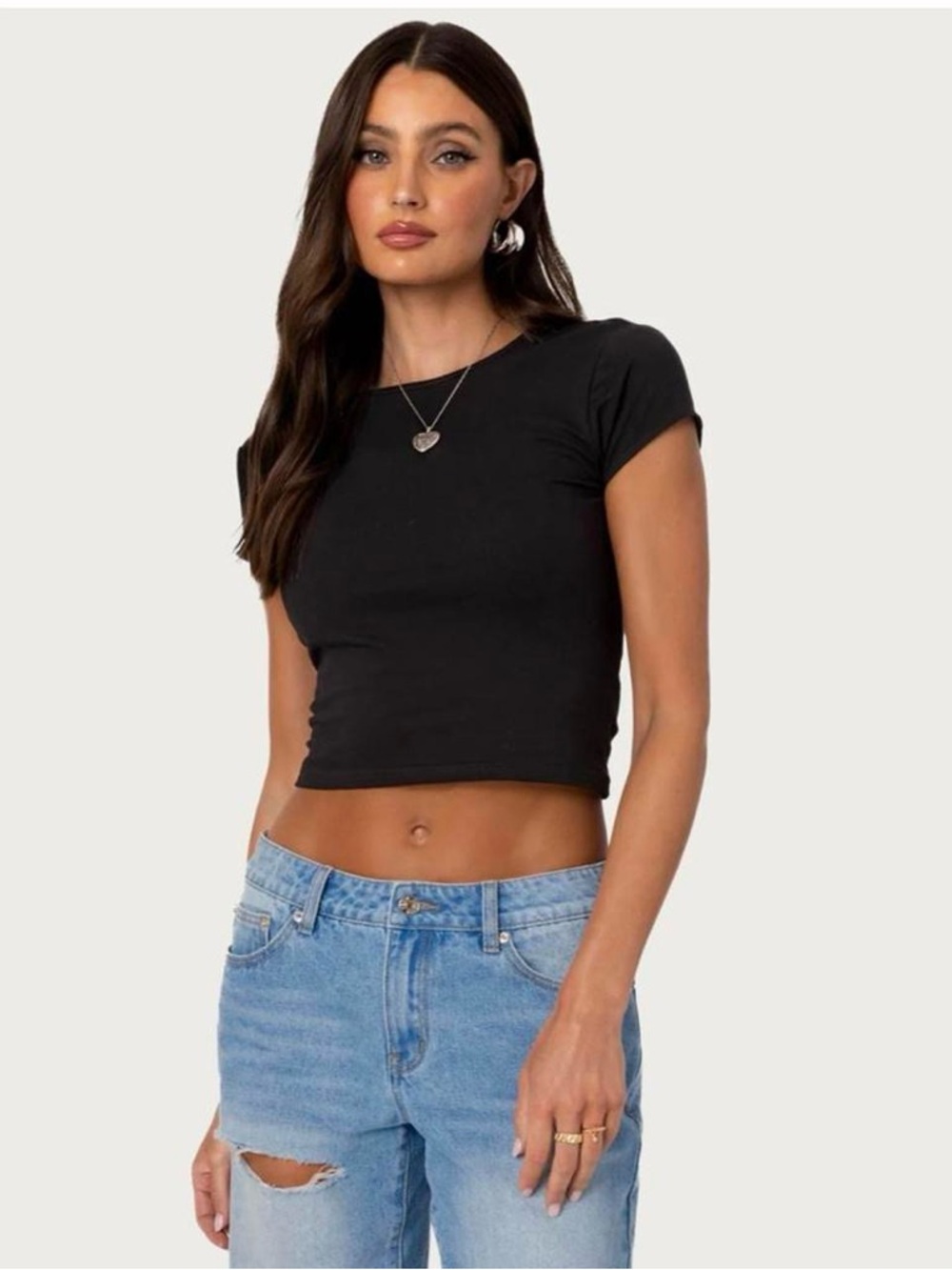 Edikted Black Short Sleeve Open-Back Crop Top - Picture 2 of 4